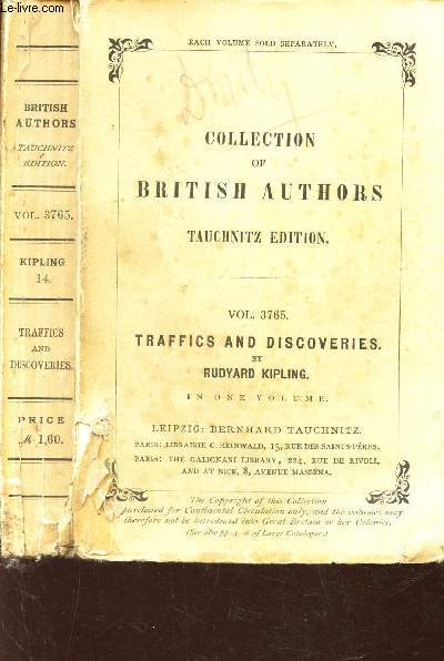 TRAFFICS AND DISCOVERIES by RUDYARD KIPLING - VOL. 3765 / COLLECTION OF BRITISH AUTHORS TAUCHNITZ EDITION.