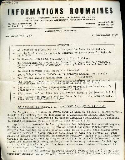 INFORMATIONS ROUMAINES - 11 - 17 septembre 1950 / Le congrs des comits de Lutte pour la paix de la RPR / Un grand meeting pour la paix a Bucarest etc...