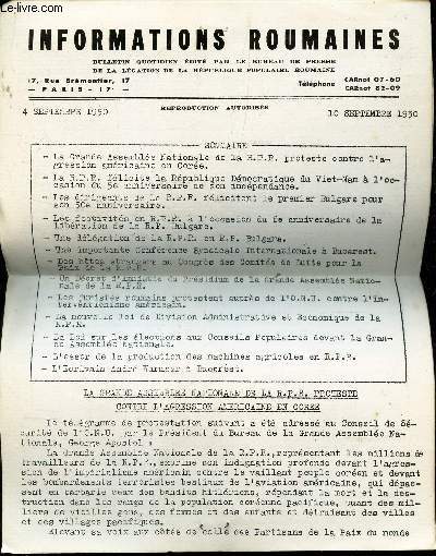 INFORMATIONS ROUMAINES - 4 - 10 septembre 1950 / La grande Assemble Nationale de la RPR proteste contre l'agression americaine en Core / L'essor de la production des machines agricoless en RPR / L'ecrivain Andr Wurmser a Bucarest etc...