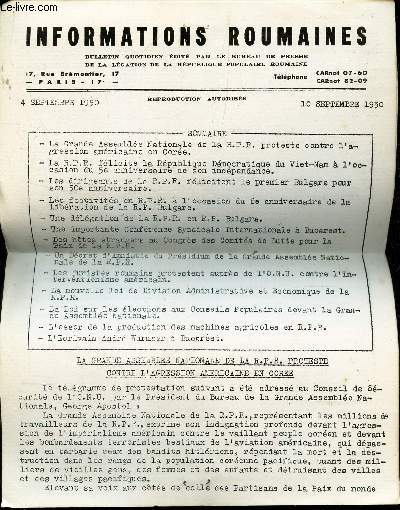 INFORMATIONS ROUMAINES - 4 - 10 septembre 1950 / La grande Assemble Nationale de la RPR proteste contre l'agression americaine en Core / L'essor de la production des machines agricoless en RPR / L'ecrivain Andr Wurmser a Bucarest etc...