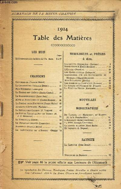 ALMANACH DE LA BONNE CHANSON - pour la famille et la jeunesse - ANNEE 1914 / Clochers de France / La chanson de l'Alsace / Mon regiment / La priere des chenes / LE rassemblement / Reve au pays lorrain etc...