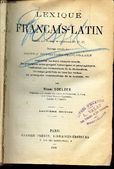 LEXIQUE FRANCAIS-LATIN - destin aux classes de GRammaire (6e, 5e, 4e) / 2e EDITION.