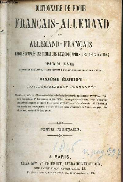 DICTIONNAIRE DE POCHE FRANCAIS-ALLEMAND ET REDIGE D'APRES LES MEILLEURS LEXICOGRAPHES DES DEUX NATIONSALLEMAND-FRANCAIS -