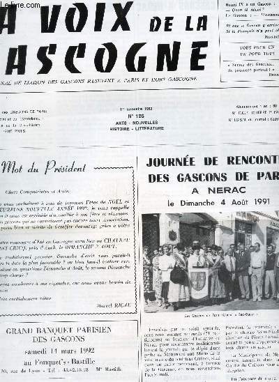 LA VOIX DE LA GASCOGNE - 1er semestre 1992 - N°126 / Journée de rencontre des Gascons a Paris a Nerac (le dimanche 4 aout 1991) / etc...