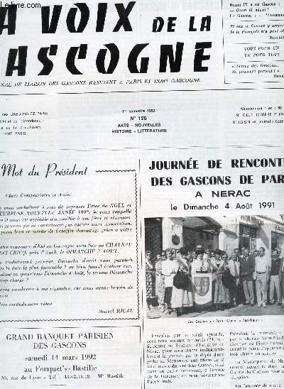 LA VOIX DE LA GASCOGNE - 1er semestre 1992 - N126 / Journe de rencontre des Gascons a Paris a Nerac (le dimanche 4 aout 1991) / etc...