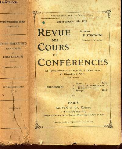 REVUE DES COURS DE CONFERENCES - Annee scolaire 1921-1922. - TOME I.