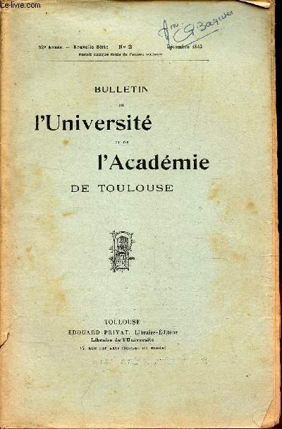 BULLETIN DE L'UNIVERSITE DE TOULOUSE - N2 - Decembre 1943 /