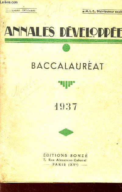 ANNALES DEVELOPPEES - BACCALAUREAT - 1937 / MATHEMATIQUES.