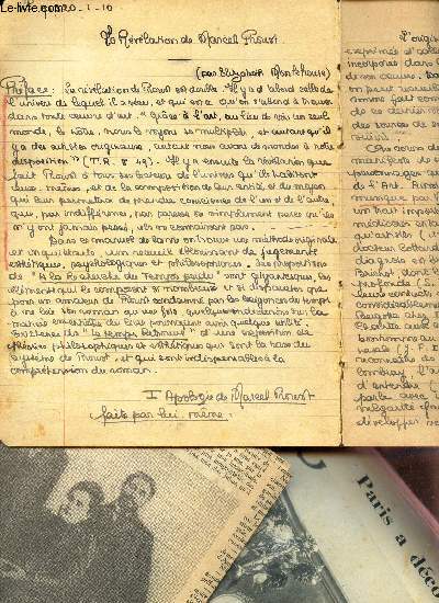 CAHIER DE NOTES SUR MARCEL PROUST.