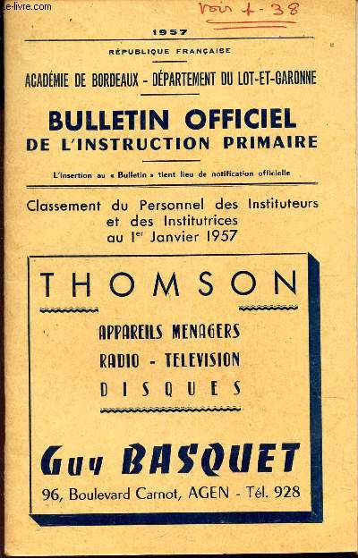 BULLETIN OFFICIEL DE L'INSTRUCTION PRIMAIRE - 1957/ Classement du Personnel des Instituteurs et des institutrices au 1er janvier 1957.