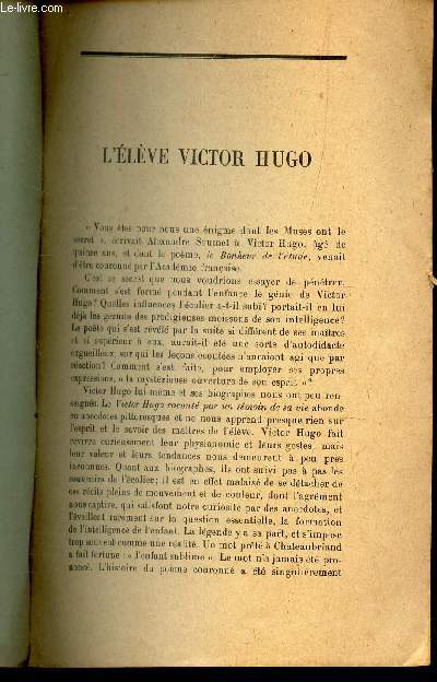 L'ELEVE VICTOR HUGO (EXTRAIT d'un ouvrage - TOme XLIII - 1928)