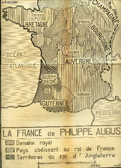 1 CARTE : LA FRANCE DE PHILIPPE AUGUSTE - en noir et blanc - de dimension 40 Cm X 27 Cm environ.