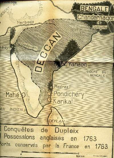 1 CARTE : LA FRANCE DANS L'INDE AU XVIIIe SIECLE - en noir et blanc - de dimension 40 Cm X 27 Cm environ.