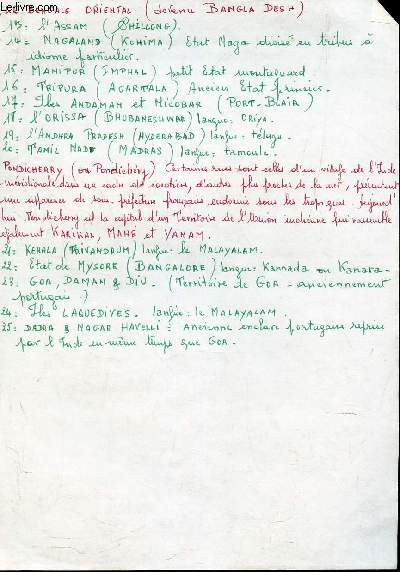 LE BENGALE ORIENTAL (DEVENU BANGLA DESH) (notes manuscrites)