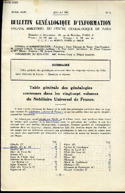 BULLETIN GENEALOGIQUE D'INFORMATION - N4 - juillet 1961 /Table generale des genealogies contenues dans les 27 volumes du Nobiliaire Universel de France - Questions et reponse.