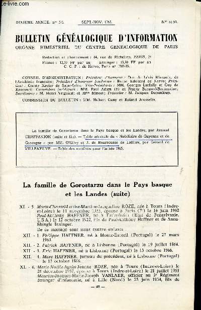 BULLETIN GENEALOGIQUE D'INFORMATION - N53-54 - sept-nov 1965 / A famille de Gorostarzu dans le pays basque et les Landes, par Arnaud Chafanjon (suite et fin) - Table generale du 