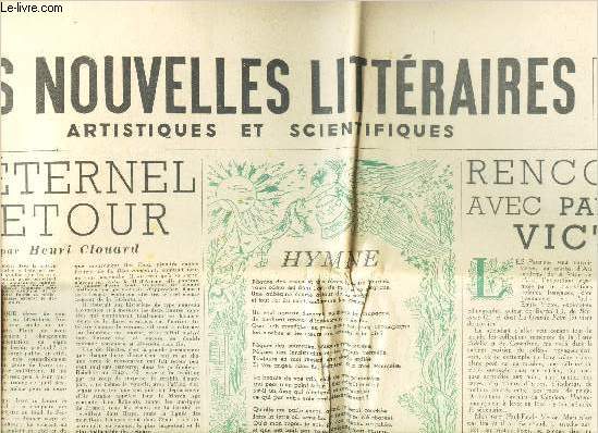 LES NOUVELLES LITTERAIRES artistiques et scientifiques - 2 avril 1953 - N1335 / L'ETERNEL RETOUR / rENCONTRE AVEC APUL EMILE VICTOR / VEILLE DE PAQUES A SEVILLE etc...