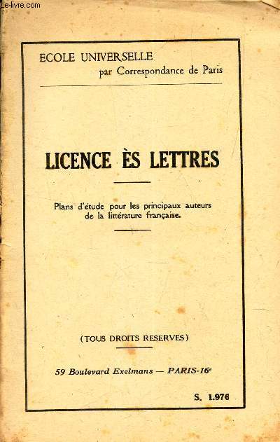 LICENCE ES LETTRES - Plan d'etude pour les principaux auteurs de la litterature.
