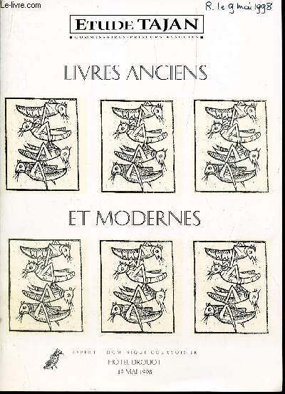 CATALOGUE AUX ENCHERES - LIVRES ANCIENS ET MODERNES - A DROUOT LE 19 MAI 1998.