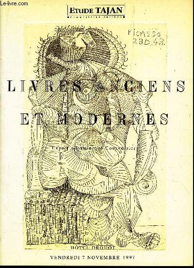 CATALOGUE AUX ENCHERES -LIVRES ANCIENS ET MODERNES - A DROUOT LE 7 NOVEMBRE 1997.