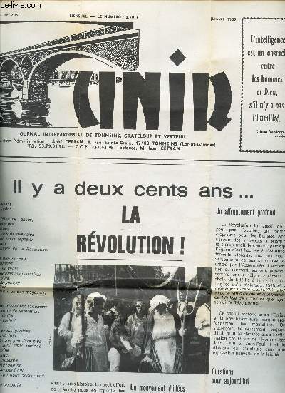 UNIR - N205 - 19e annee - juillet 1989 / Il y deux cent ans... la Revolution / Tricheur!... / Perseverer ...