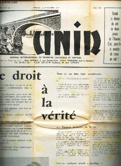 UNIR - N181 - 17e anne - mai 1987 / Le droit  la vrit / Une Eglise pour tous / Mon quotidien parle a la tl...