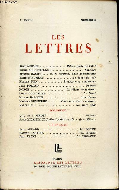 LES LETTRES / 2e anne - N8 / Milosz, poete de l'ame / Survivre / De la mystique chez quelques uns / Le depot de l'air / l'experience amoureuse etc...