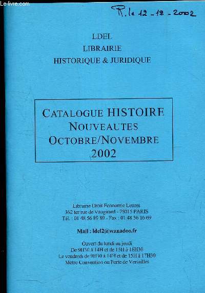 CATALOGUE HISTOIRE - NOUVEAUTES - OCTOBRE - NOVEMBRE 2002