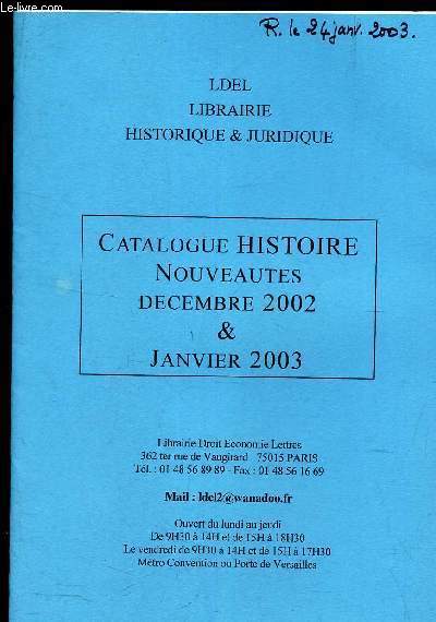 CATALOGUE HISTOIRE - NOUVEAUTES - DECEMBRE 2002 - JANVIER 2003.