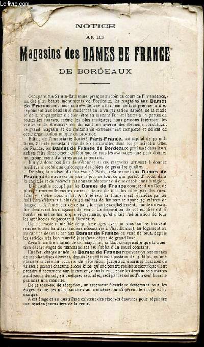 NOTICE SUR LES MAGAZINS DES DAMES DE FRANCE DE BORDEAUX