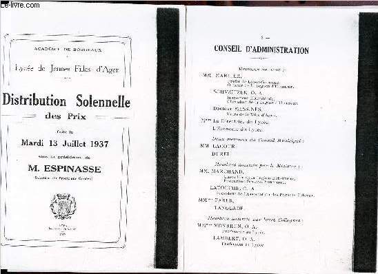 DISTRIBUTION SOLENNELLE DES PRIX (PHOTOCOPIE) faite le mardi 13 juillet 1937, sous la prsidence de M. ESPINASSE , Substitut du Procureur General.