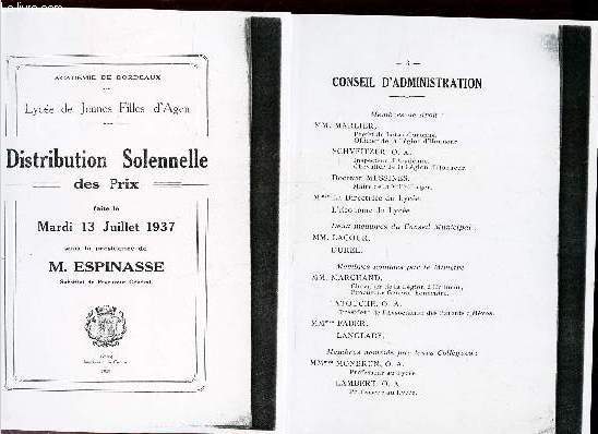 DISTRIBUTION SOLENNELLE DES PRIX (PHOTOCOPIE) faite le mardi 13 juillet 1937, sous la prsidence de M. ESPINASSE , Substitut du Procureur General.