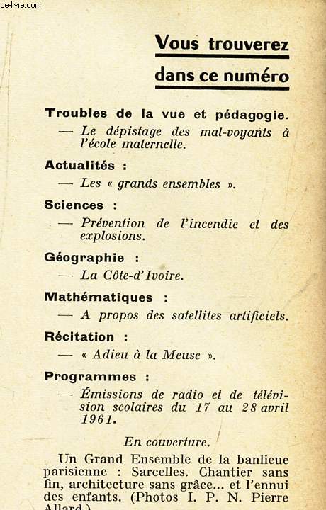 DOCUMENTS POUR LA CLASSE - N91 - 30 mars 1961 / Le depistage des mal voyants a l'ecole maternelle / Les 