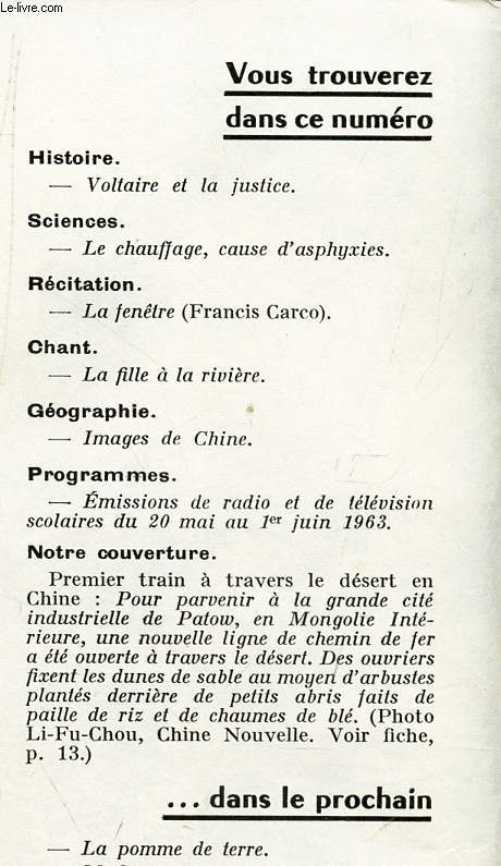 DOCUMENTS POUR LA CLASSE - N134 - 9 mai 1963 / Voltaire et la justice / Le chauffage, cause d'asphyxies / LA fenetre etc...