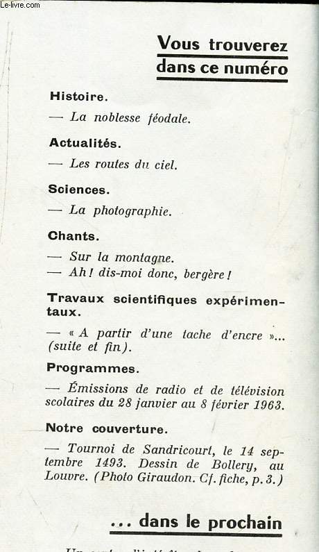 DOCUMENTS POUR LA CLASSE - N127 - 17 janvier 963 / LA noblesse feodale / LEs routes du ciel / LA photographie / Sur la montagne etc...