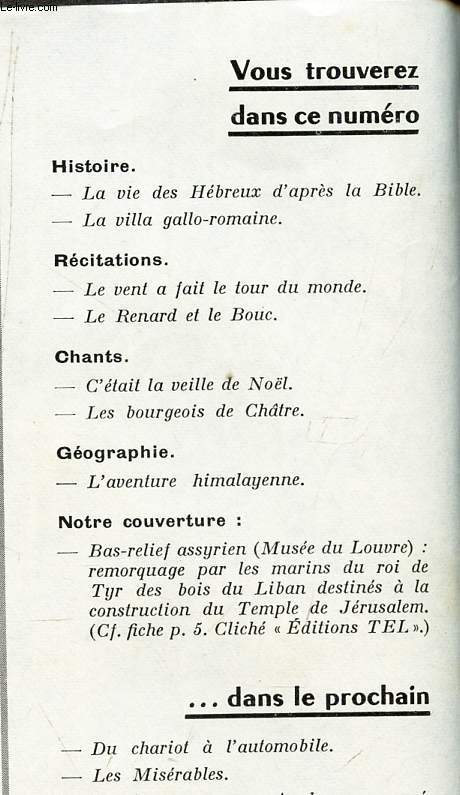 DOCUMENTS POUR LA CLASSE - N122 - 8 nov 1962 / la vie des Hebreux d'apres la Bible / LA villa gallo romaine / L'aventure himalayenne etc....