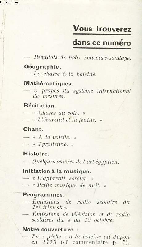 DOCUMENTS POUR LA CLASSE - N119 - 27 sept 1962 / La chasse a la baleine / Quelques oeuvres de l'art egyptien etc..