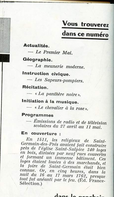 DOCUMENTS POUR LA CLASSE - N113 - 29 mars 1962 / LE premier Mai / la Meunerie moderne / Les Sapeus Pompiers / 