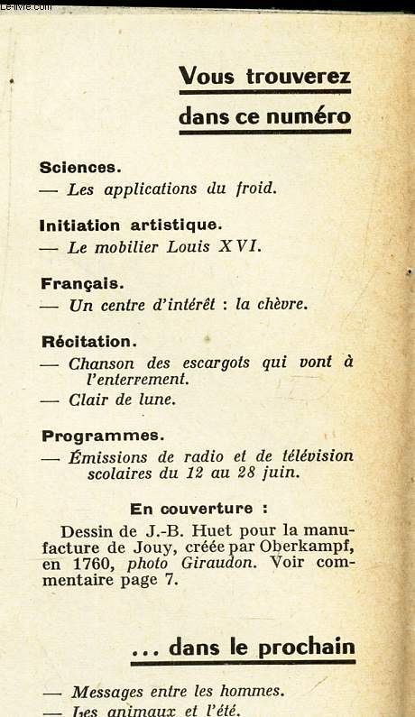 DOCUMENTS POUR LA CLASSE - N95 - 25 mai 1961 / LEs applications du froid / LE mobilier Louis XVI / Un centre d'interet : la chevre etc...