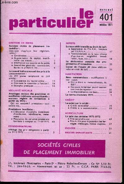 LE PARTICULIER - N401 - octobre 1971 / SOCIETES CIVILES DE PLACEMENT IMMOBILIER.