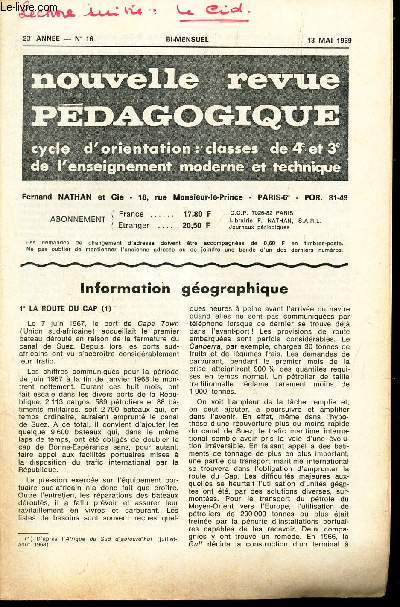 NOUVELLE REVUE PEDAGOGIQUE - N16 - 13 mai 1969 / Information geographique / Puissance d'un pont par rapport a un cercle etc...