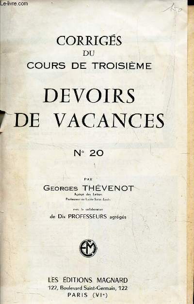 DEVOIRS DE VACANCES AVEC CONCOURS - COURS DE TROISIEME - DEVOIRS DE VACANCES - N20.