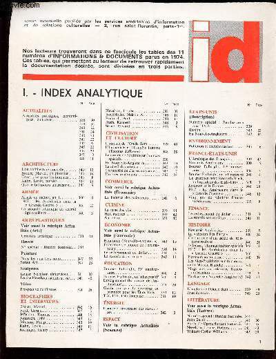 INFORMATIONS & DOCUMENTS - fascicule regroupant les TABLES DES 11 NUMEROS d'INFORMATIONS & DOCUEMENTS PARUS EN 1974.