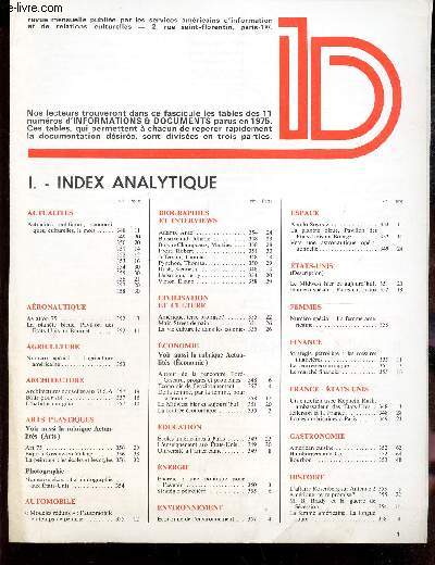 INFORMATIONS & DOCUMENTS - fascicule regroupant les TABLES DES 11 NUMEROS d'INFORMATIONS & DOCUEMENTS PARUS EN 1975.