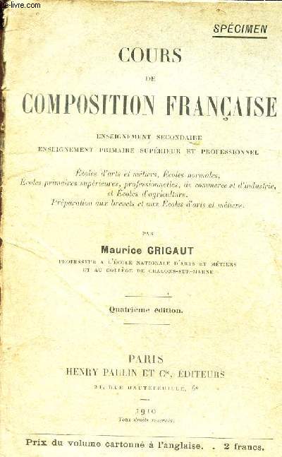 COURS DE COMPOSITION FRANCAISE - enseignement secondaire - enseignemlent primaire superieur et professionnel / 4e edition / SPECIMEN.