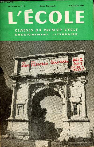 L'ECOLE - CLASSES DU PREMIER CYCLE - N7 - 13 decembre 1958.