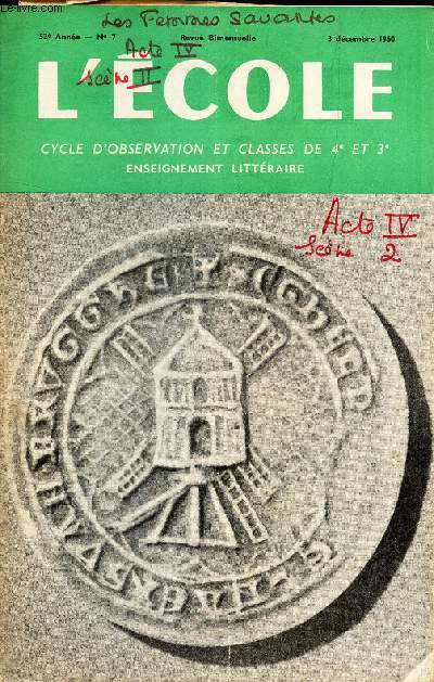 L'ECOLE - CLASSES DU PREMIER CYCLE - N7 - 3 decembre 1960.