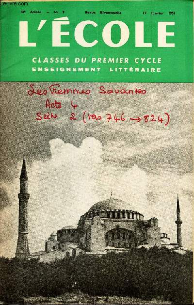L'ECOLE - CLASSES DU PREMIER CYCLE - N9 - 17 janvier 1959.