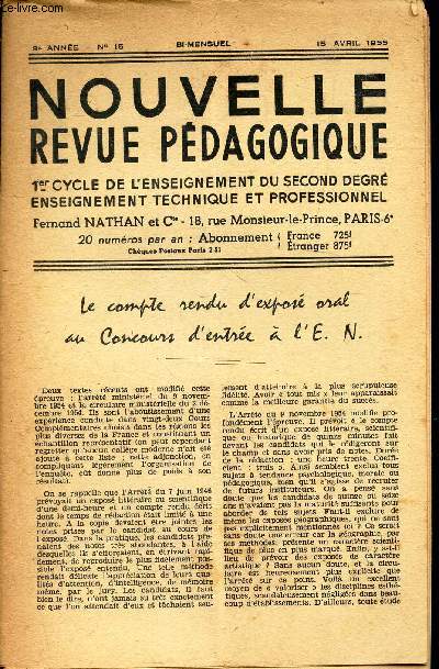 NOUVELLE REVUE PEDAGOGIQUE - N15 - 15 avril 1955 / L'enfant noir / Sulfate de sodium / LE genet  balai / Mathematiques / Le pois etc...