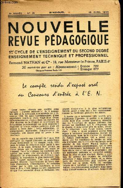 NOUVELLE REVUE PEDAGOGIQUE - N15 - 15 avril 1955 / L'enfant noir / Sulfate de sodium / LE genet  balai / Mathematiques / Le pois etc...